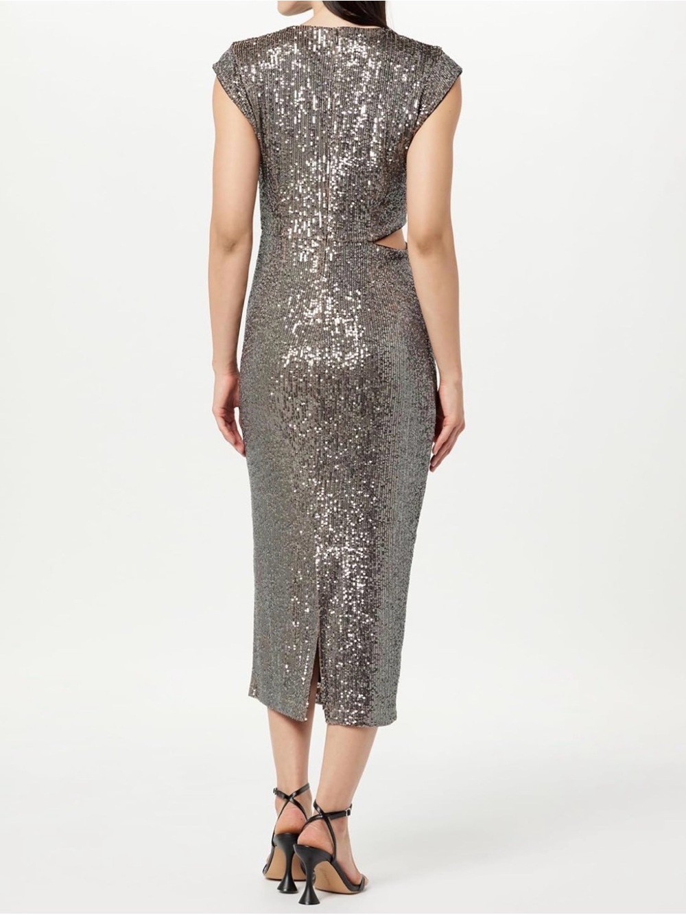 The Drop Silver Pewter Sequin Side Cutout Midi Dress Padma XS Party Cocktail NWT - Picture 2 of 7